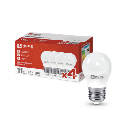 Лампа светодиодная LED-ШАР-VC 4PACK 11Вт 230В E27 4000К 1050лм (уп.4шт) IN HOME 4690612047881