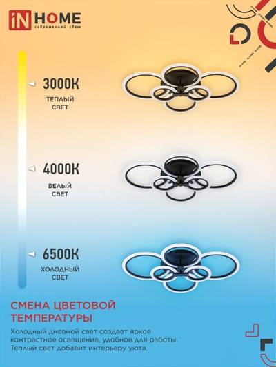 Светильник светодиодный ELEGANT BLISS-120В 120Вт 3000-4000-6500К 8400лм 230В 780х550х130мм с пультом ДУ IN HOME 4690612035475
